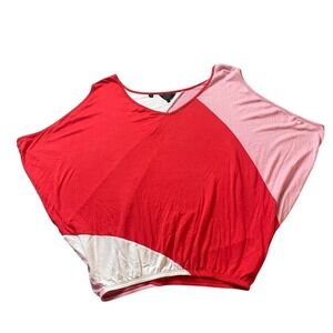 Guess Los Angeles Women XS Color Block V Neck Dolman Sleeve Top Red Pink White‎